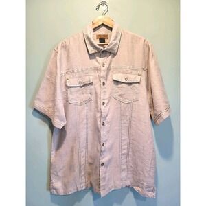 Mens Prestige Beige Linen Patch Pocket Embroidered Trim Button Up Shirt 2X